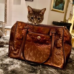 Authentic Coach monogram dark brown/bronze leather shoulder bag